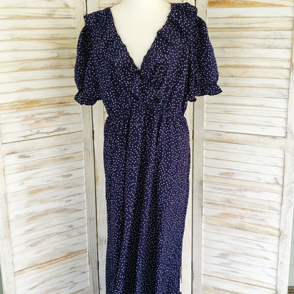 Kara and Kate Navy Blue White Polka Dot Short Sleeve Maxi Dress